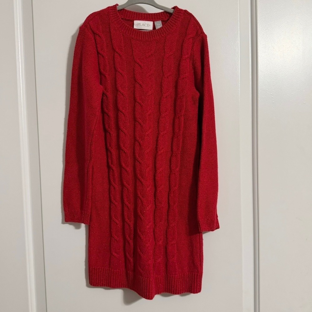 Childrens Place Girls Red Cable Knit Sweater Dress Metallic Sparkle Size 7/8 M